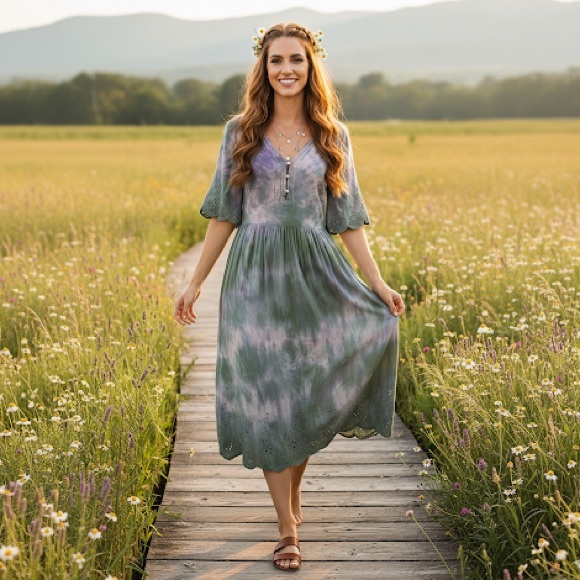 RARE Zara Tie Dye Crochet Eyelet Trim Tie Waist Peasant Croquette Maxi Dress - Picture 1 of 10